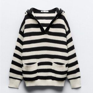 Zara Black and White Striped V-Neck Sweater